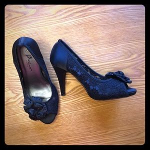 Barino Black Lace Peep Toe Heels